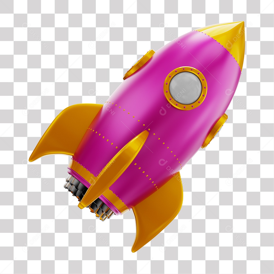 Foguete 3D Rocket Rosa e Dourado PNG Transparente