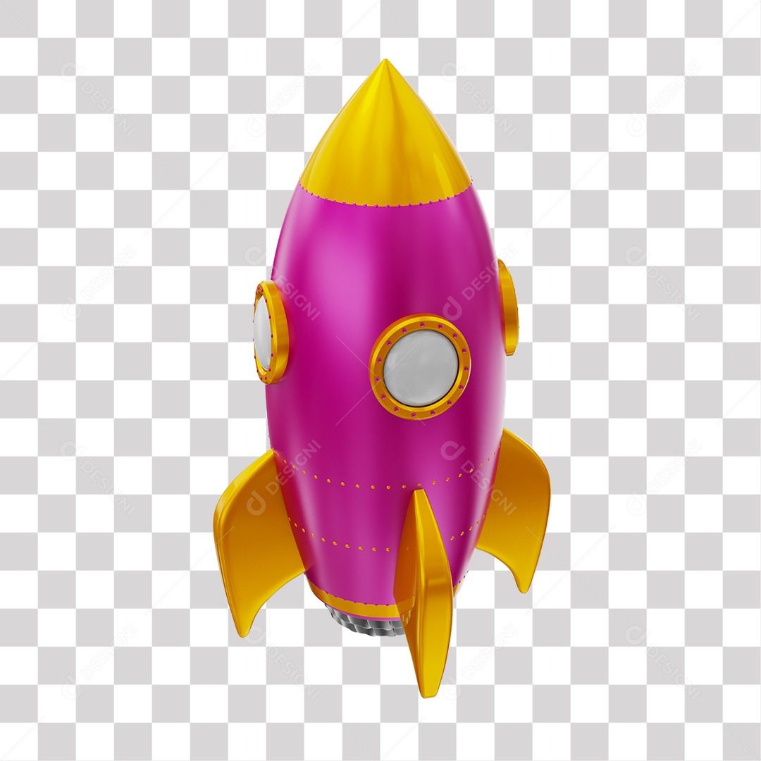 Foguete 3D Rocket Rosa e Dourado PNG Transparente