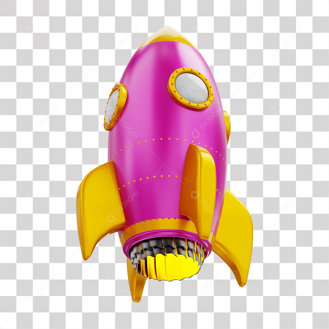 Foguete 3D Rocket Rosa e Dourado PNG Transparente