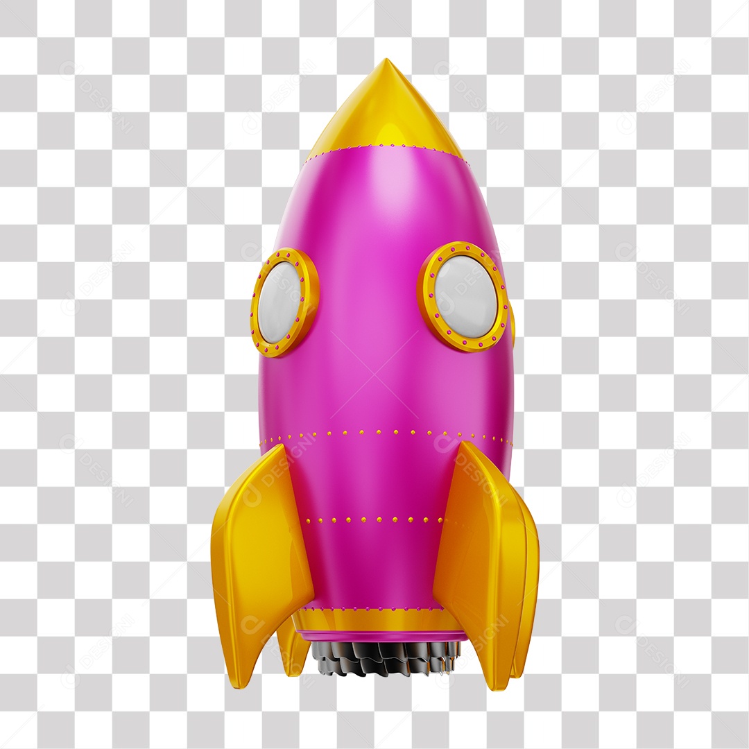 Foguete 3D Rocket Rosa e Dourado PNG Transparente