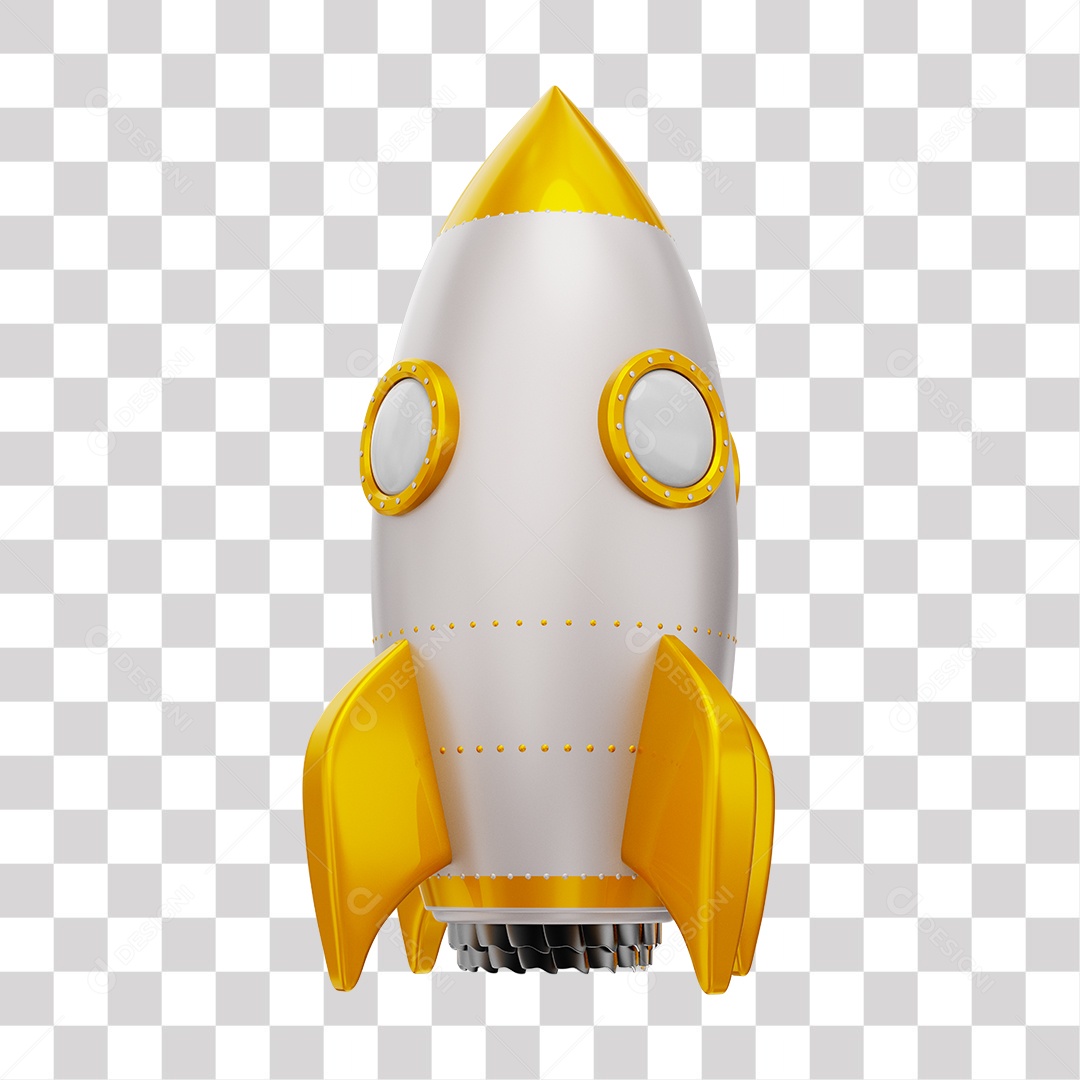 Foguete 3D Rocket Branco e Dourado PNG Transparente