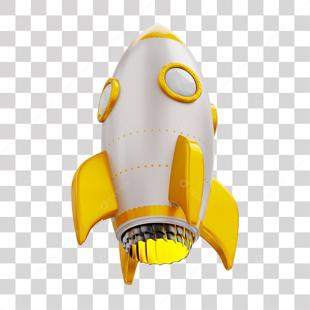 Foguete 3D Rocket Branco e Dourado PNG Transparente