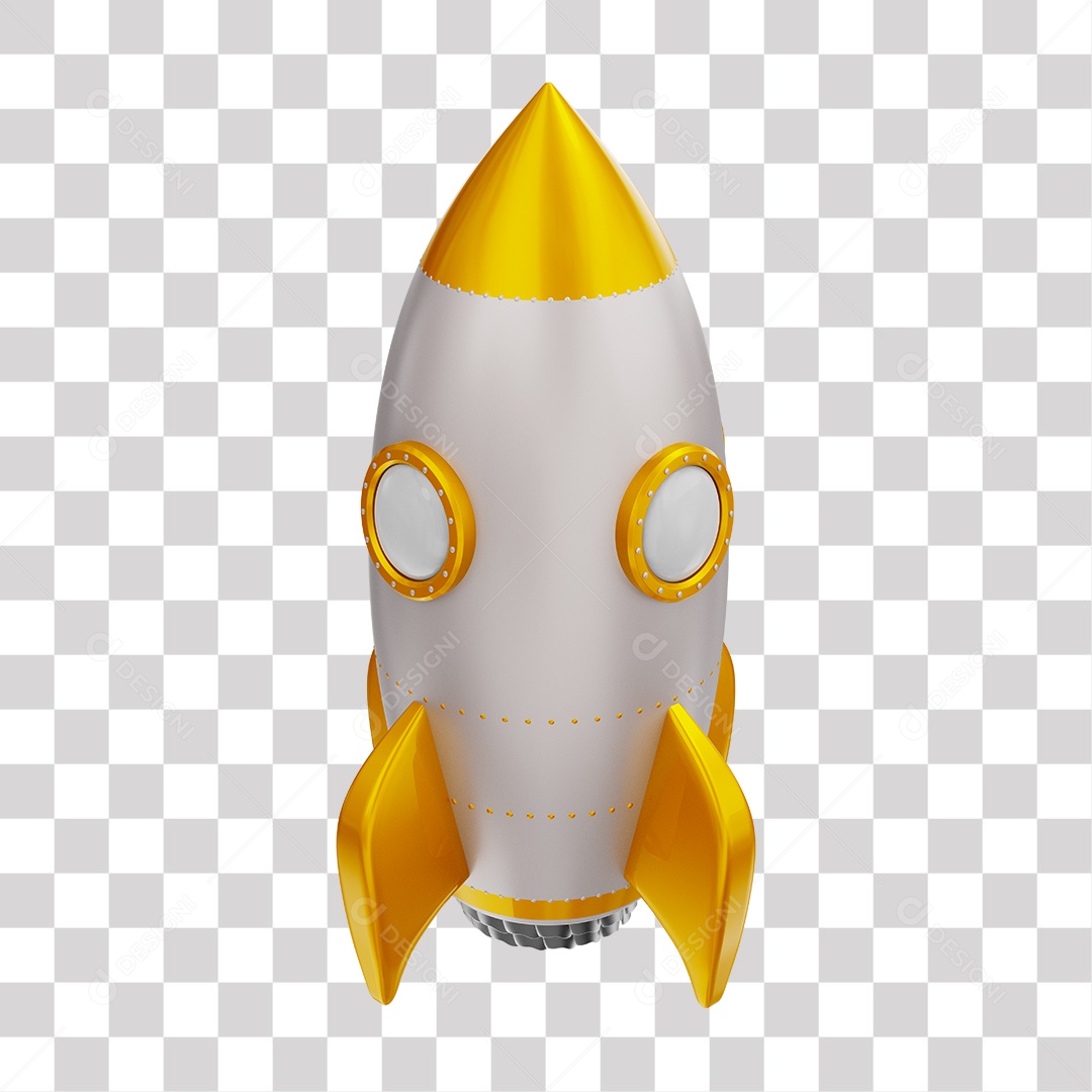 Foguete 3D Rocket Branco e Dourado PNG Transparente
