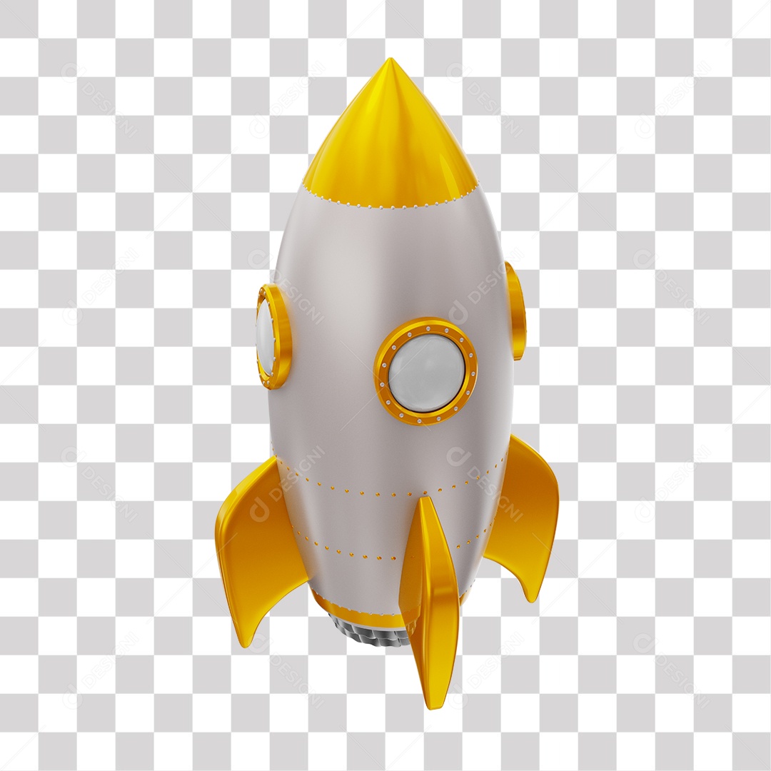 Foguete 3D Rocket Branco e Dourado PNG Transparente