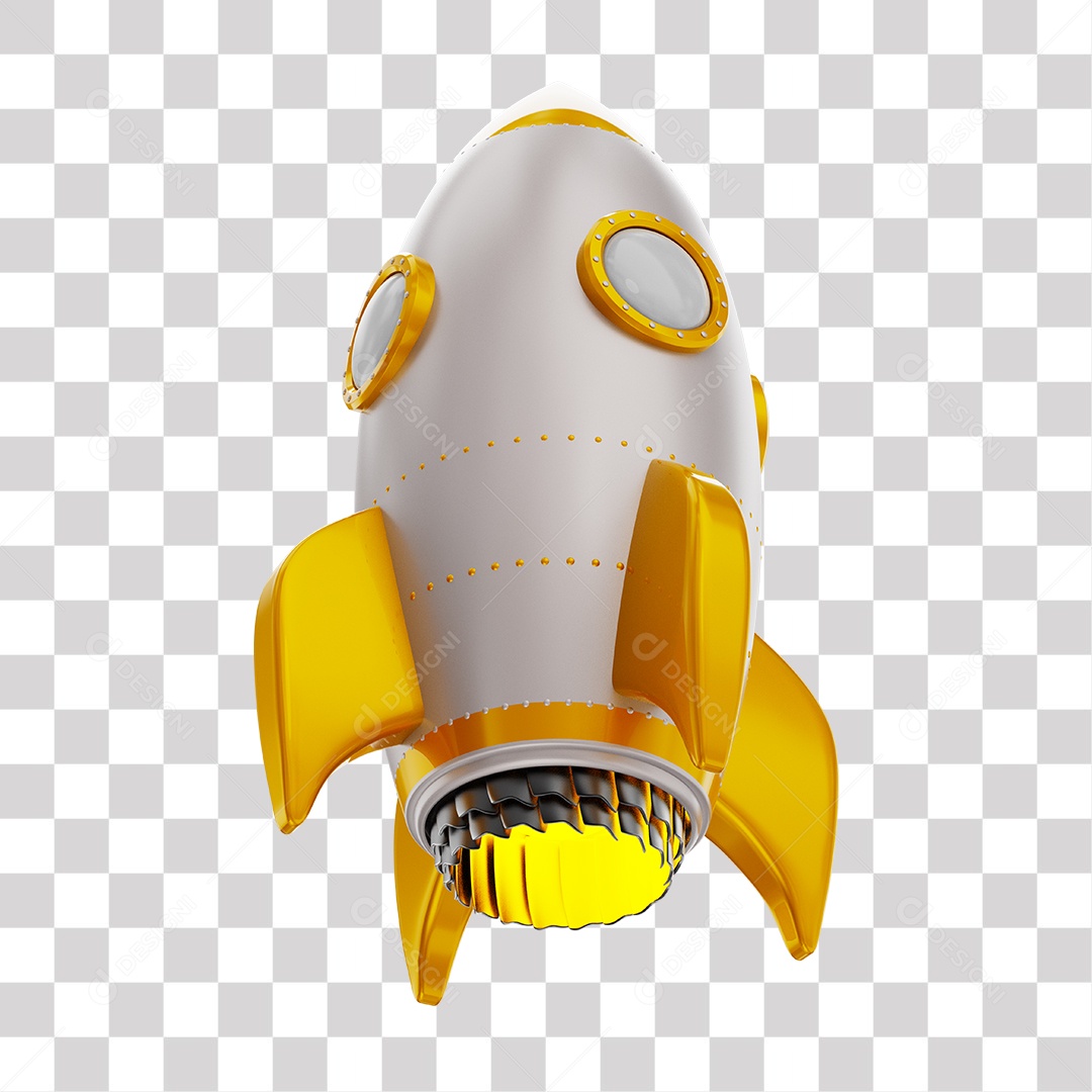 Foguete 3D Rocket Branco e Dourado PNG Transparente