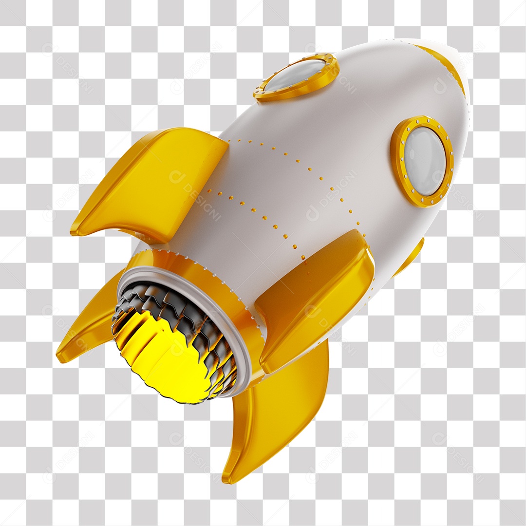 Foguete 3D Rocket Branco e Dourado PNG Transparente