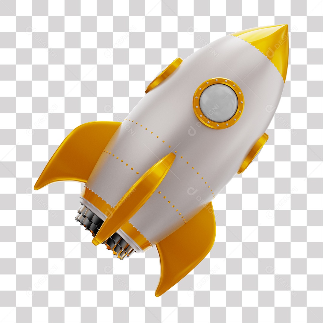 Foguete 3D Rocket Branco e Dourado PNG Transparente