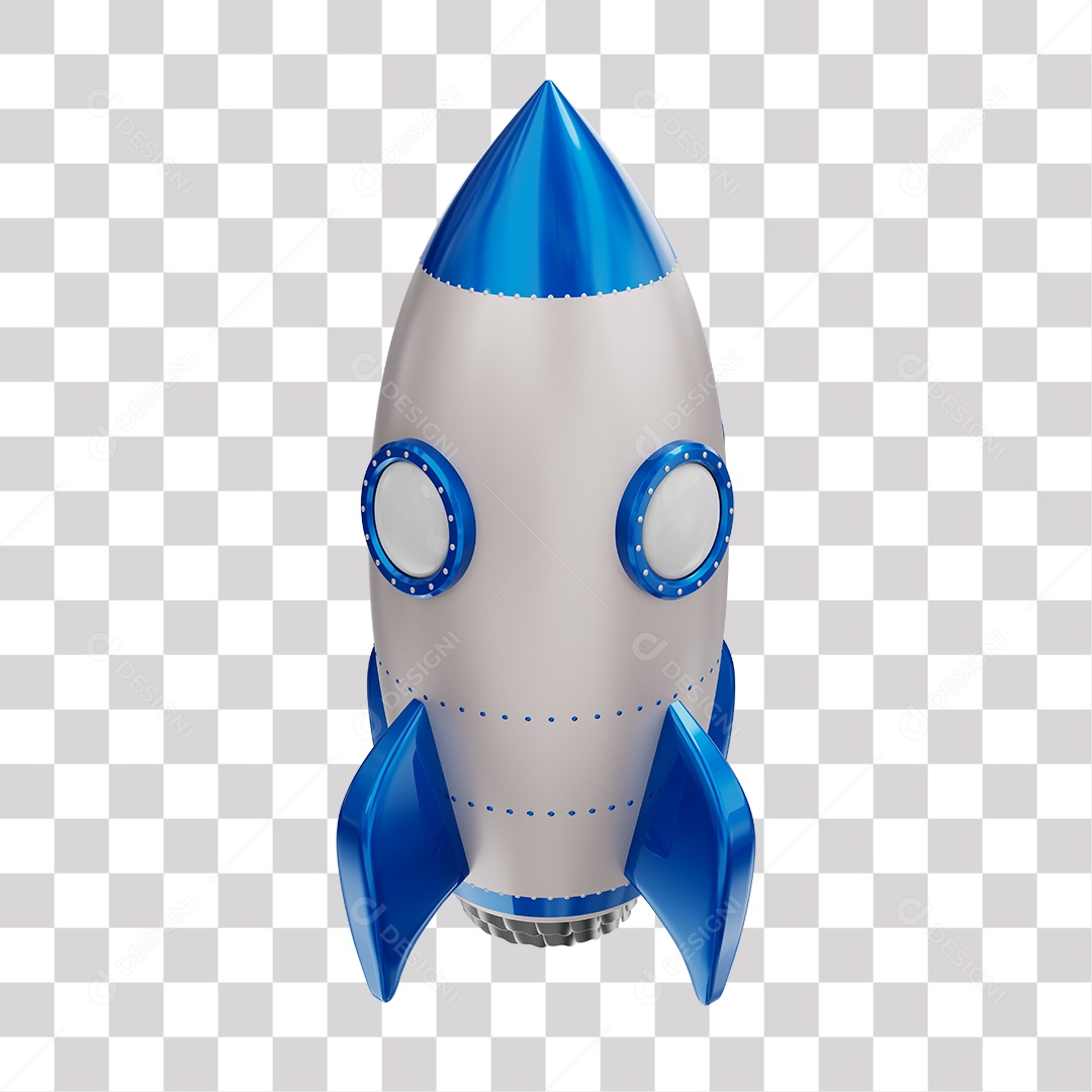 Foguete 3D Rocket Azul e Branco PNG Transparente