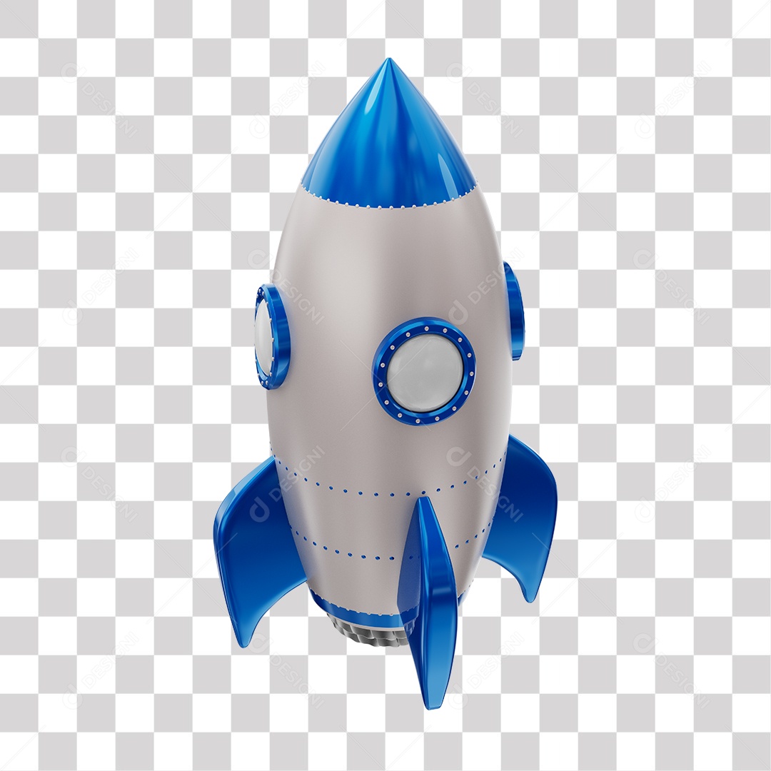 Foguete 3D Rocket Azul e Branco PNG Transparente