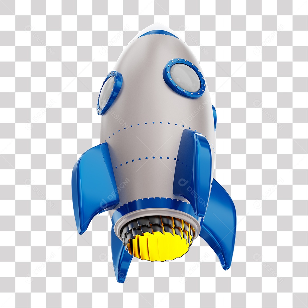 Foguete 3D Rocket Azul e Branco PNG Transparente