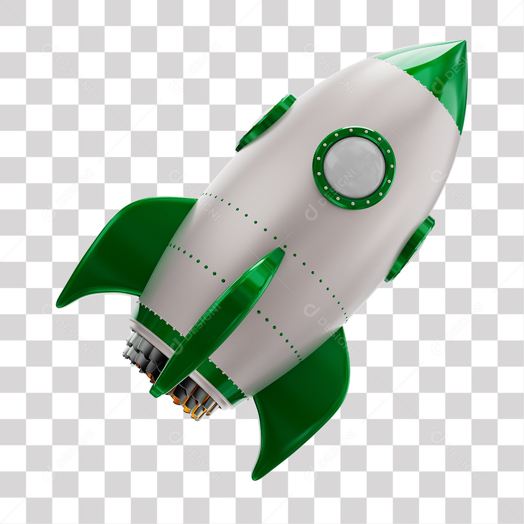 Foguete 3D Rocket Branco e Verde PNG Transparente