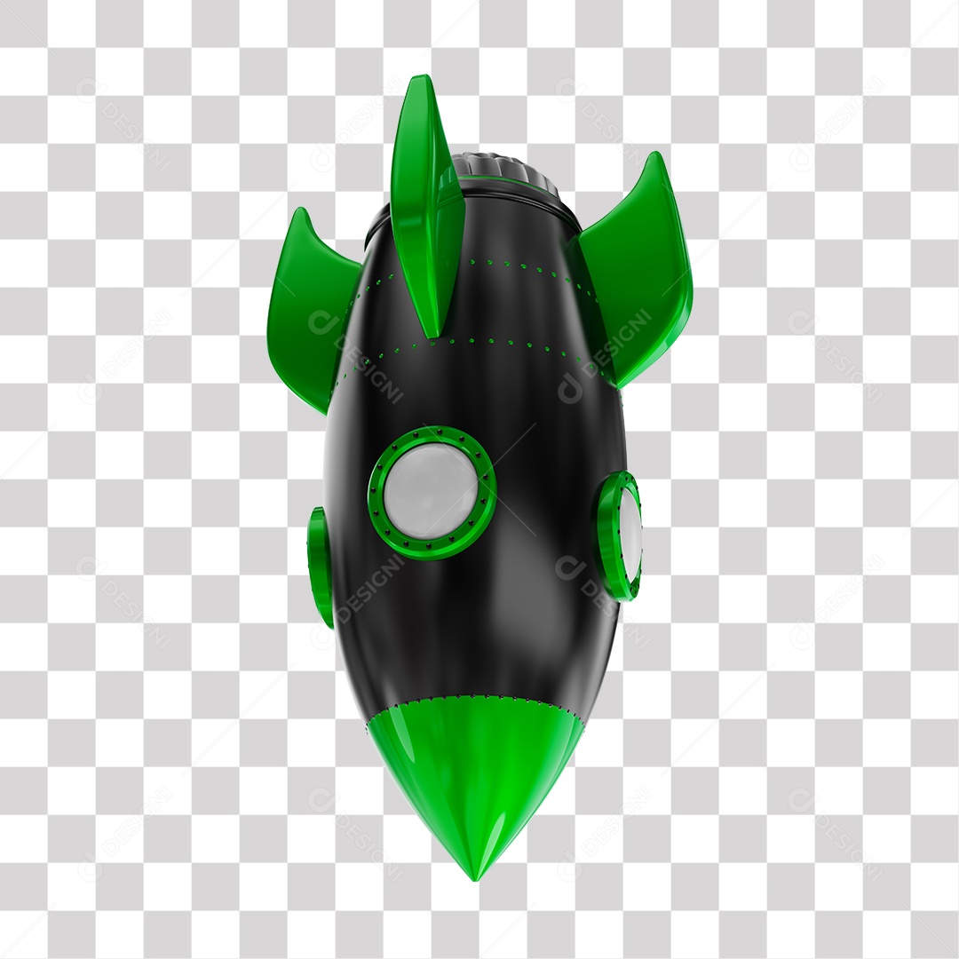 Foguete 3D Rocket Preto e Verde PNG Transparente