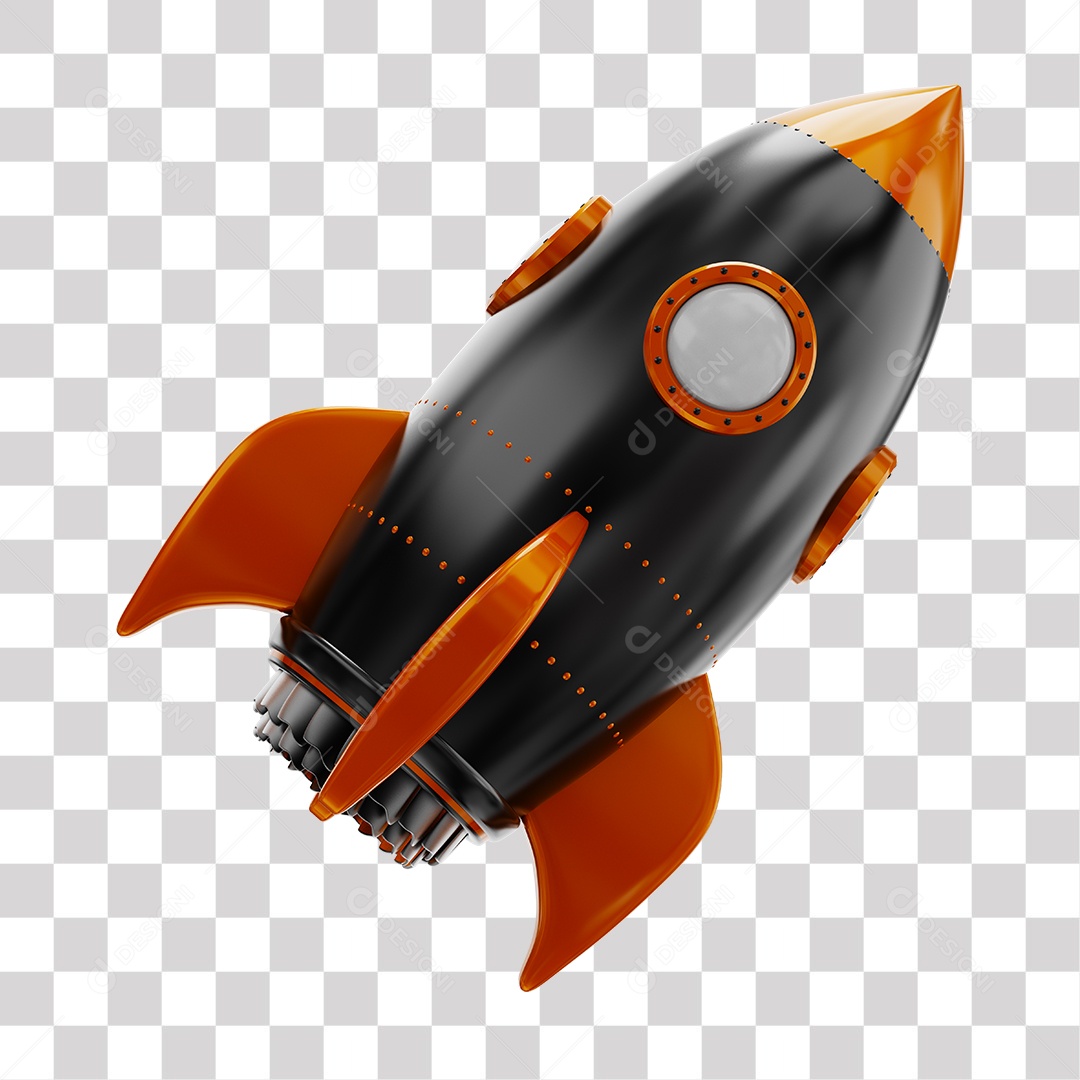 Foguete 3D Rocket Preto e Laranjado PNG Transparente