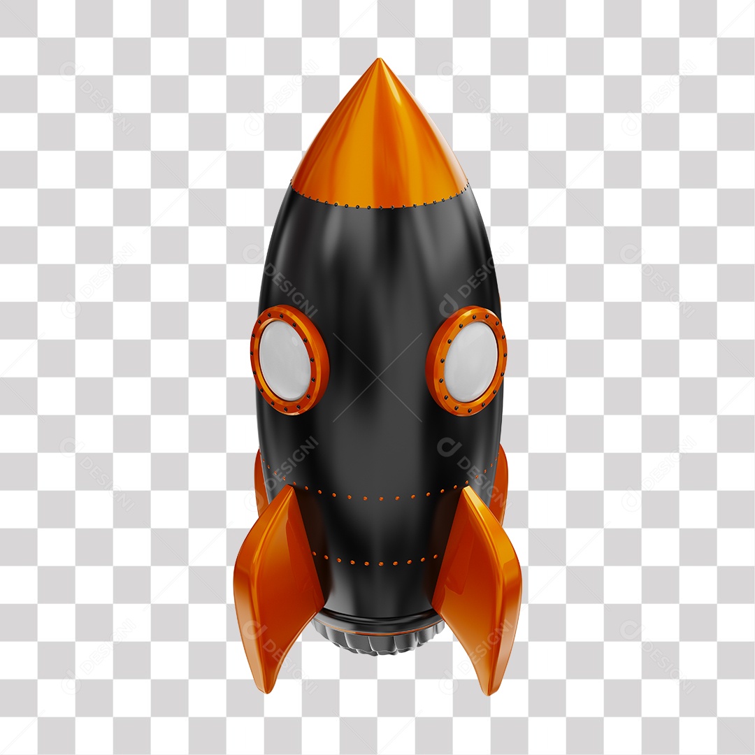 Foguete 3D Rocket Preto e Laranjado PNG Transparente