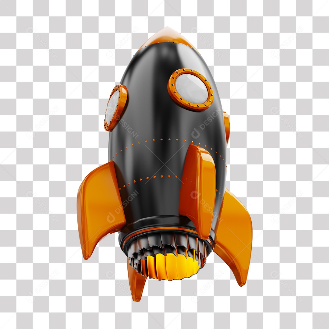 Foguete 3D Rocket Preto e Laranjado PNG Transparente