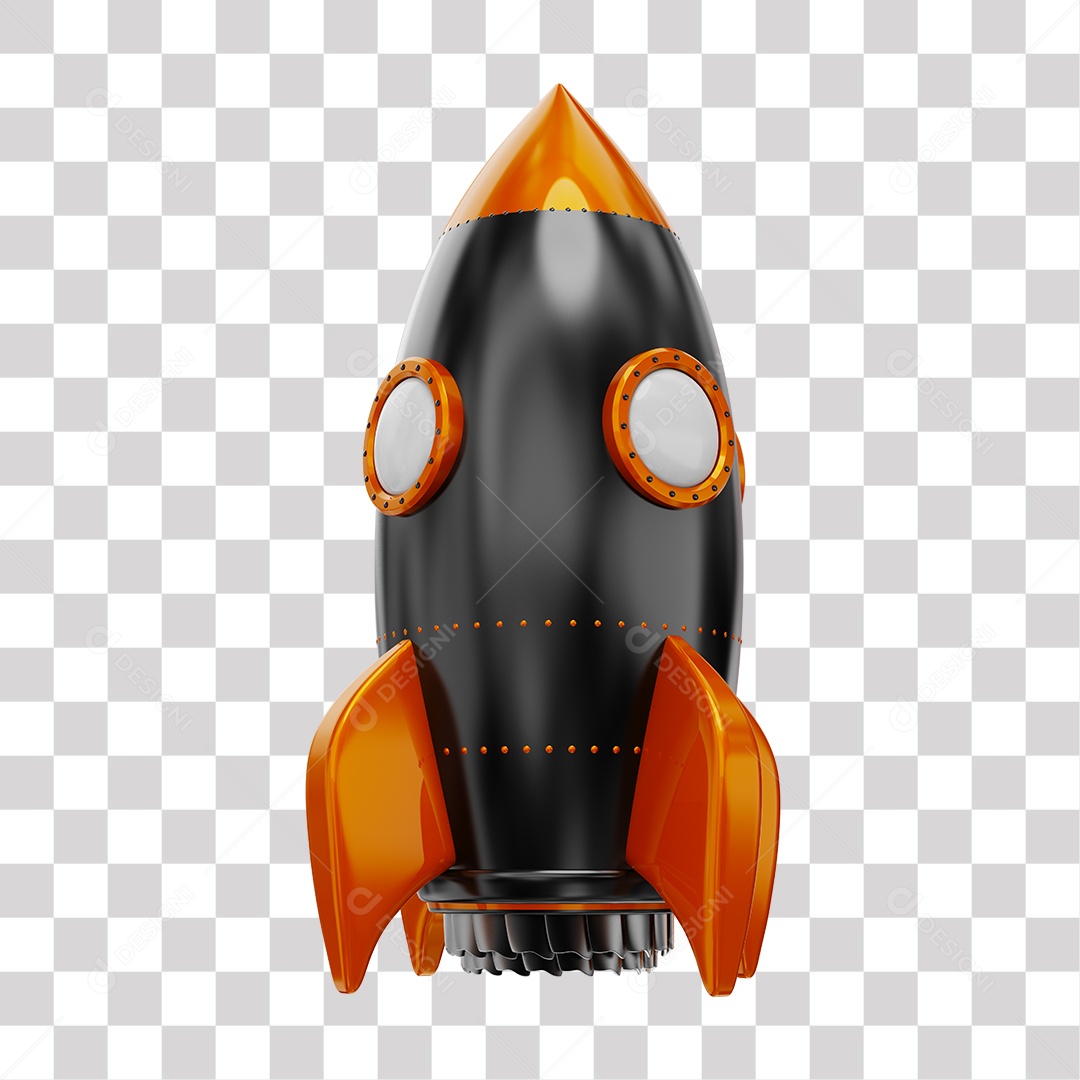 Foguete 3D Rocket Preto e Laranjado PNG Transparente