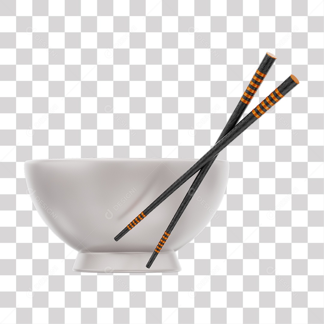 Tigela Branca e Hashis Japonês Preto Elemento 3D PNG Transparente