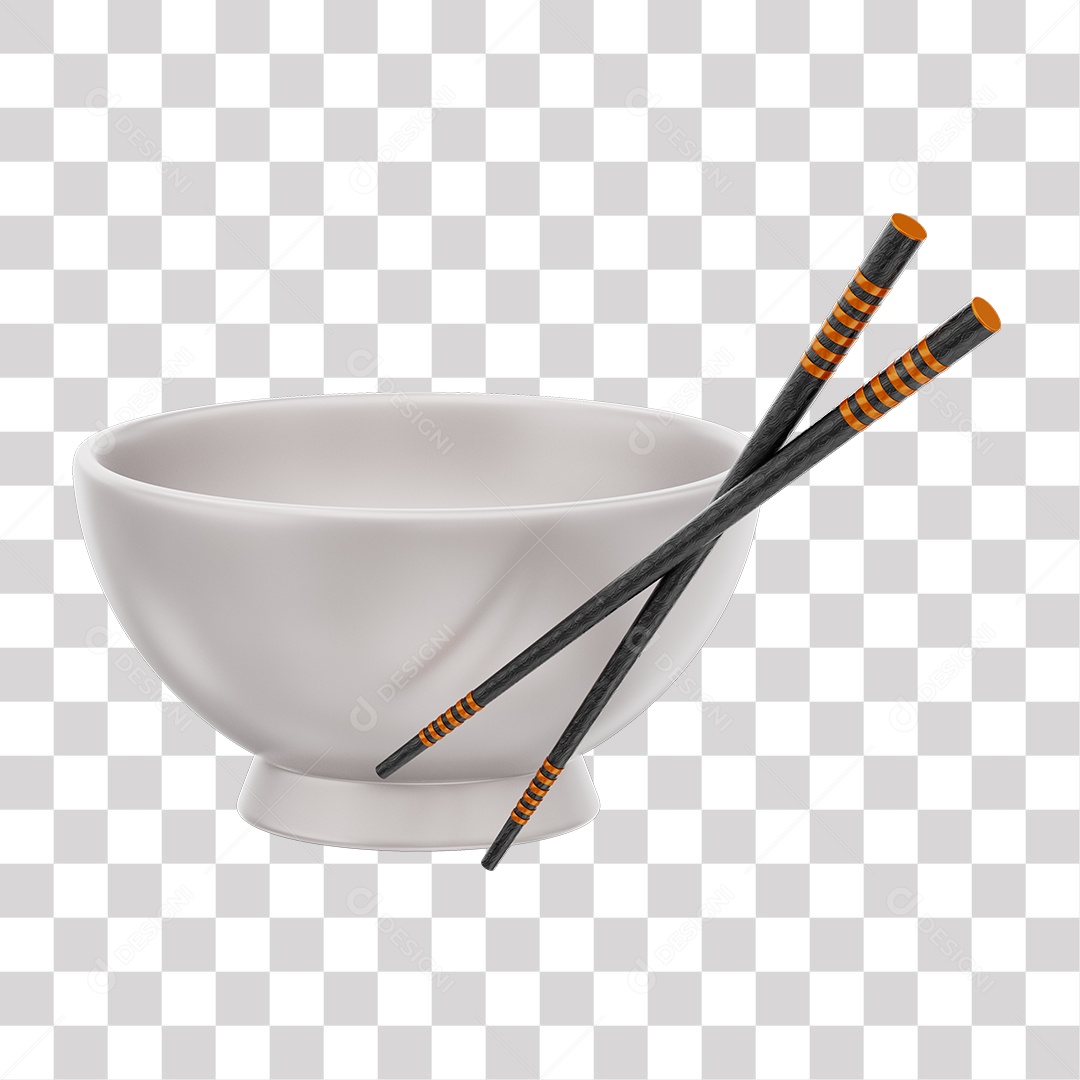 Tigela Branca e Hashis Japonês Preto Elemento 3D PNG Transparente