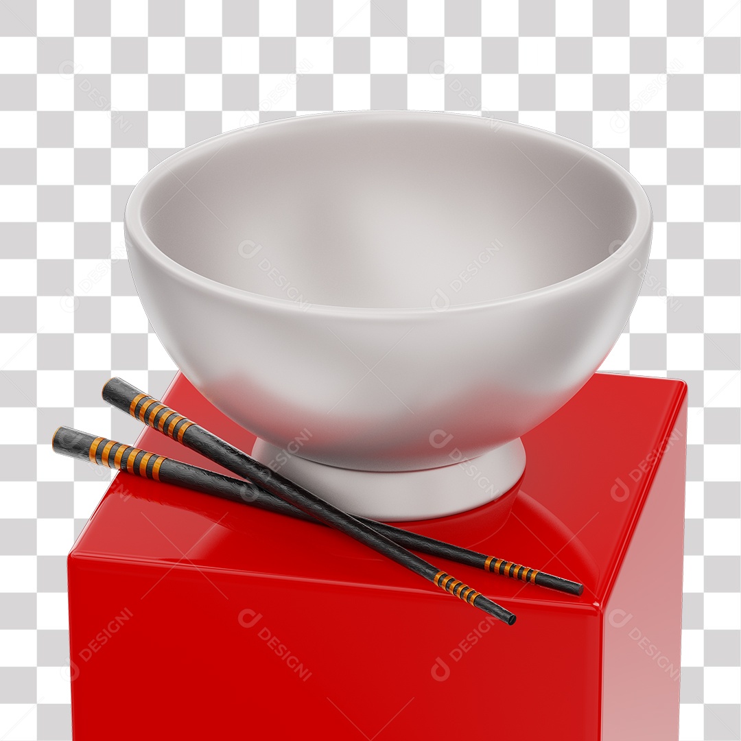 Tigela Branca e Hashis Japonês Preto sobre Pódio Vermelho Elemento 3D PNG Transparente