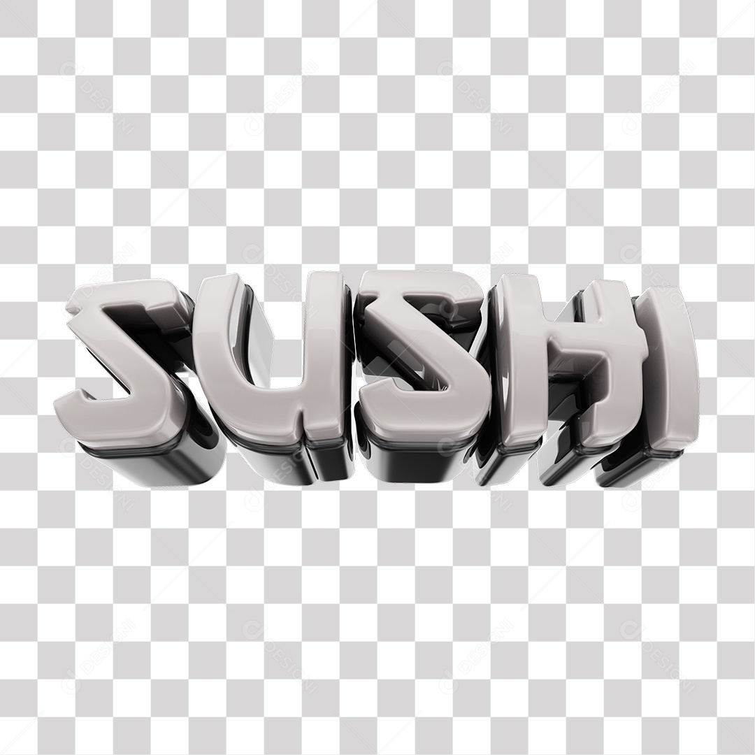 Sushi Texto 3D Branco e Preto Para Composição PNG Transparente