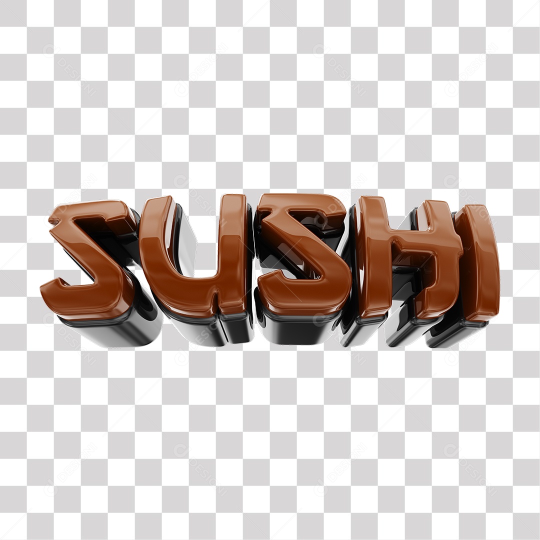 Sushi Texto 3D Marrom Escuro e Preto Para Composição PNG Transparente