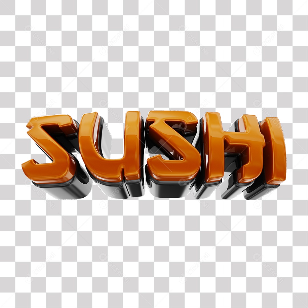 Sushi Texto 3D Marrom Claro e Preto Para Composição PNG Transparente
