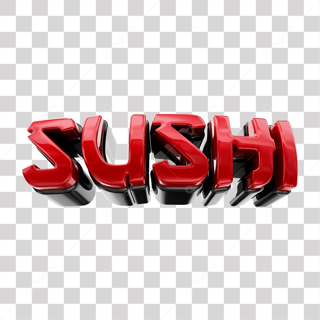 Sushi Texto 3D Vermelho e Preto Para Composição PNG Transparente