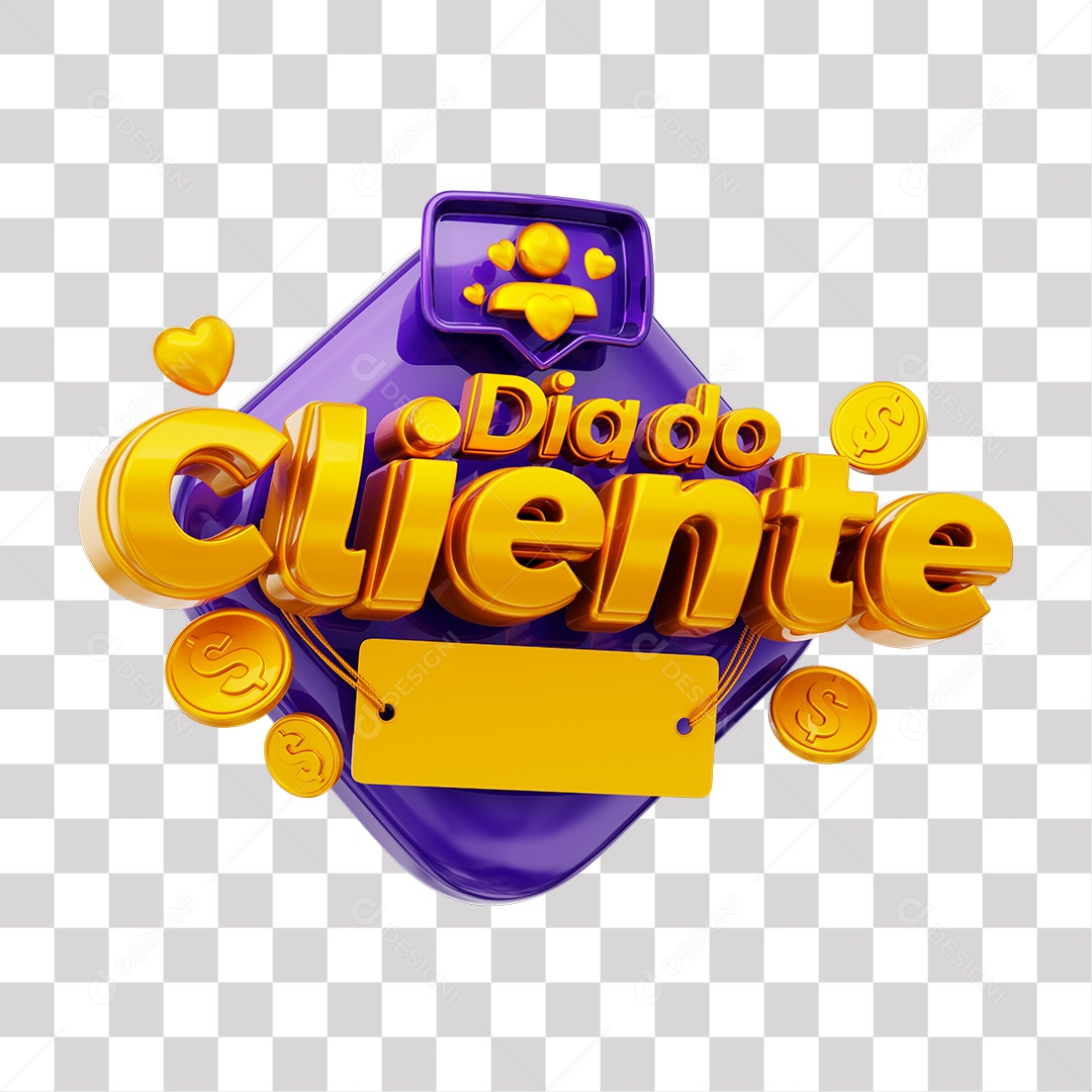 Dia Do Cliente Selo 3D Dourado e Roxo para Composição PNG Transparente