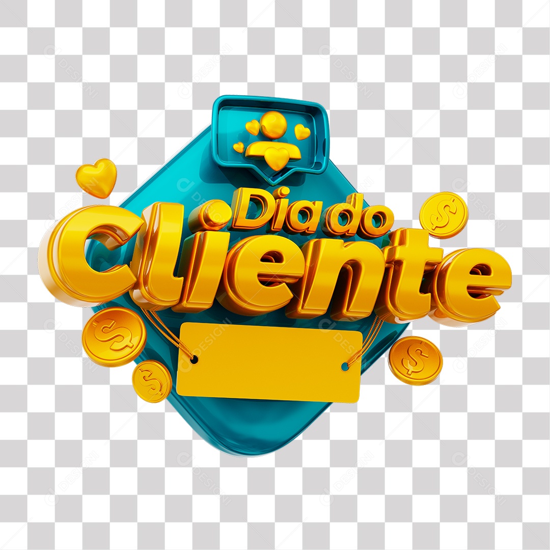 Dia Do Cliente Selo 3D Dourado e Azul para Composição PNG Transparente