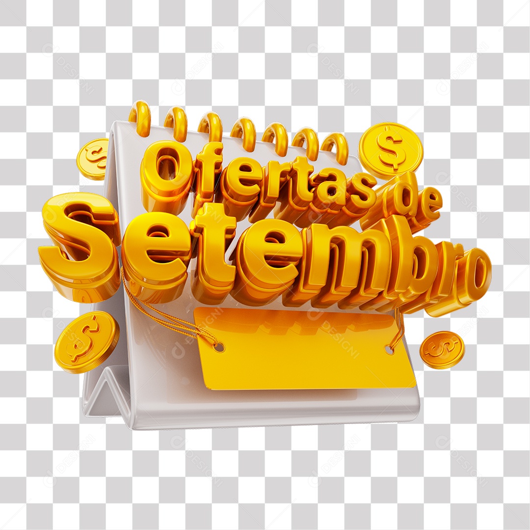 Ofertas de Setembro Selo 3D Dourado e Branco para Composição PNG Transparente