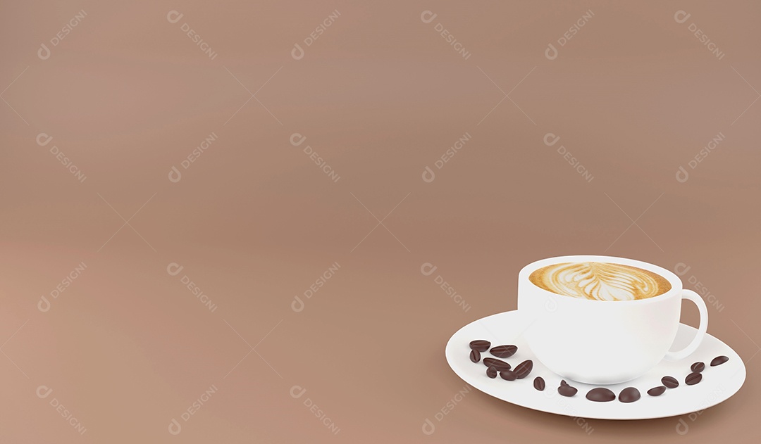 Xícara de café de renderização 3D e grãos de café para espaço de cópia em fundo marrom, conceito de café de ilustração 3D