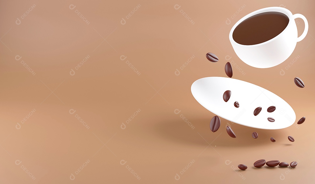 Renderização 3D caindo da xícara de café e grãos de café para espaço de cópia em fundo marrom, ilustração 3D conceito de café