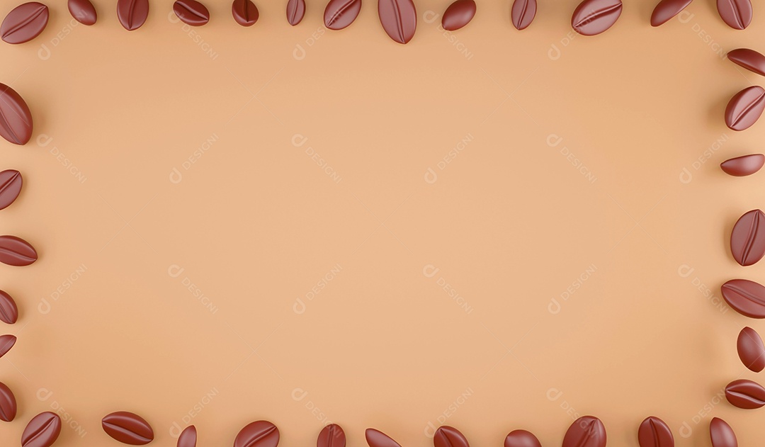 Quadro de grãos de café de vista superior de renderização 3D para espaço de cópia em fundo marrom