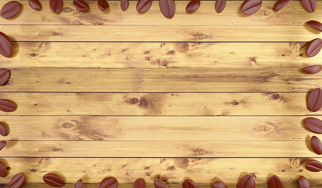 Quadro de grãos de café de vista superior de renderização 3D para espaço de cópia em fundo de madeira