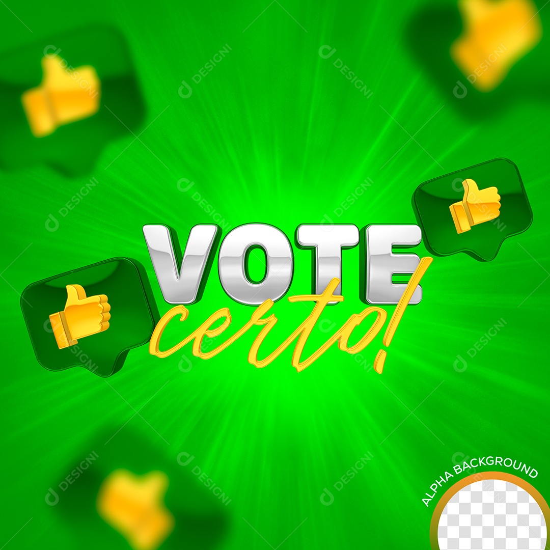 Texto 3D Vote Certo Branco e Amarelo Com Ícones De Like PSD