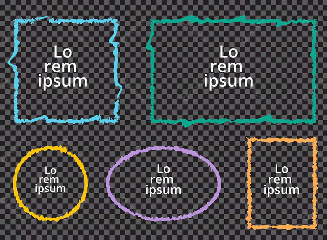 Conjunto de quadros coloridos grunge em fundo transparente.