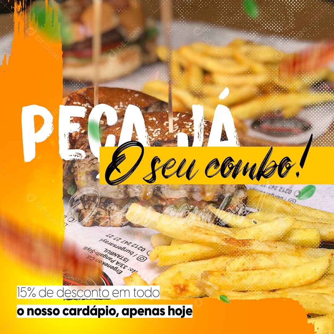 Peça já o seu combo 15% de desconto em todo o nosso cardápio Hambúrgueria Social Media PSD Editável