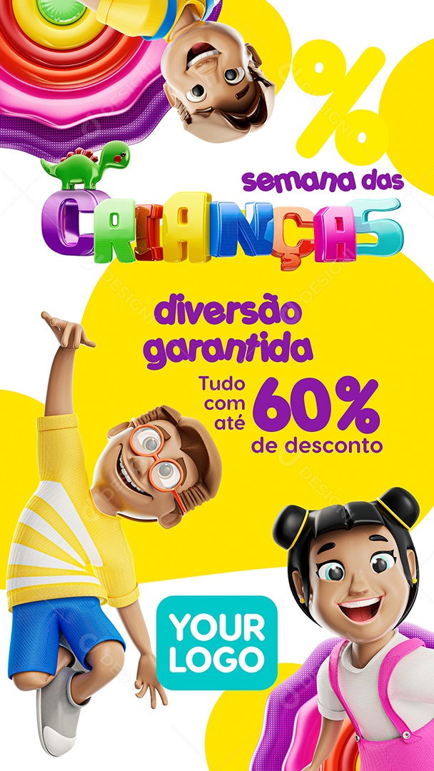 Story Semana das Crianças Diversão garantida tudo com até 60% de Desconto Lojas Social Media PSD Editável