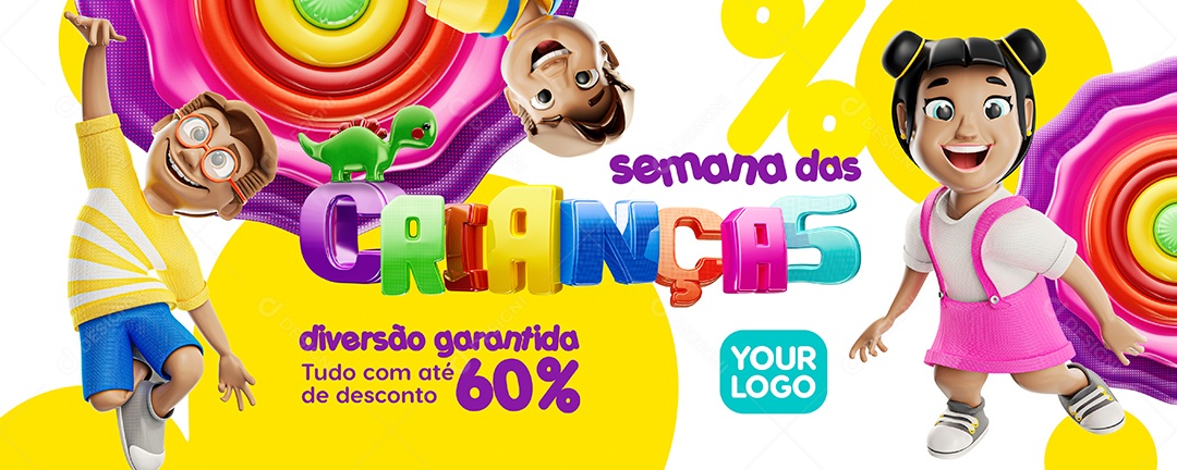Banner Semana das Crianças Diversão garantida tudo com até 60% de Desconto Lojas Social Media PSD Editável