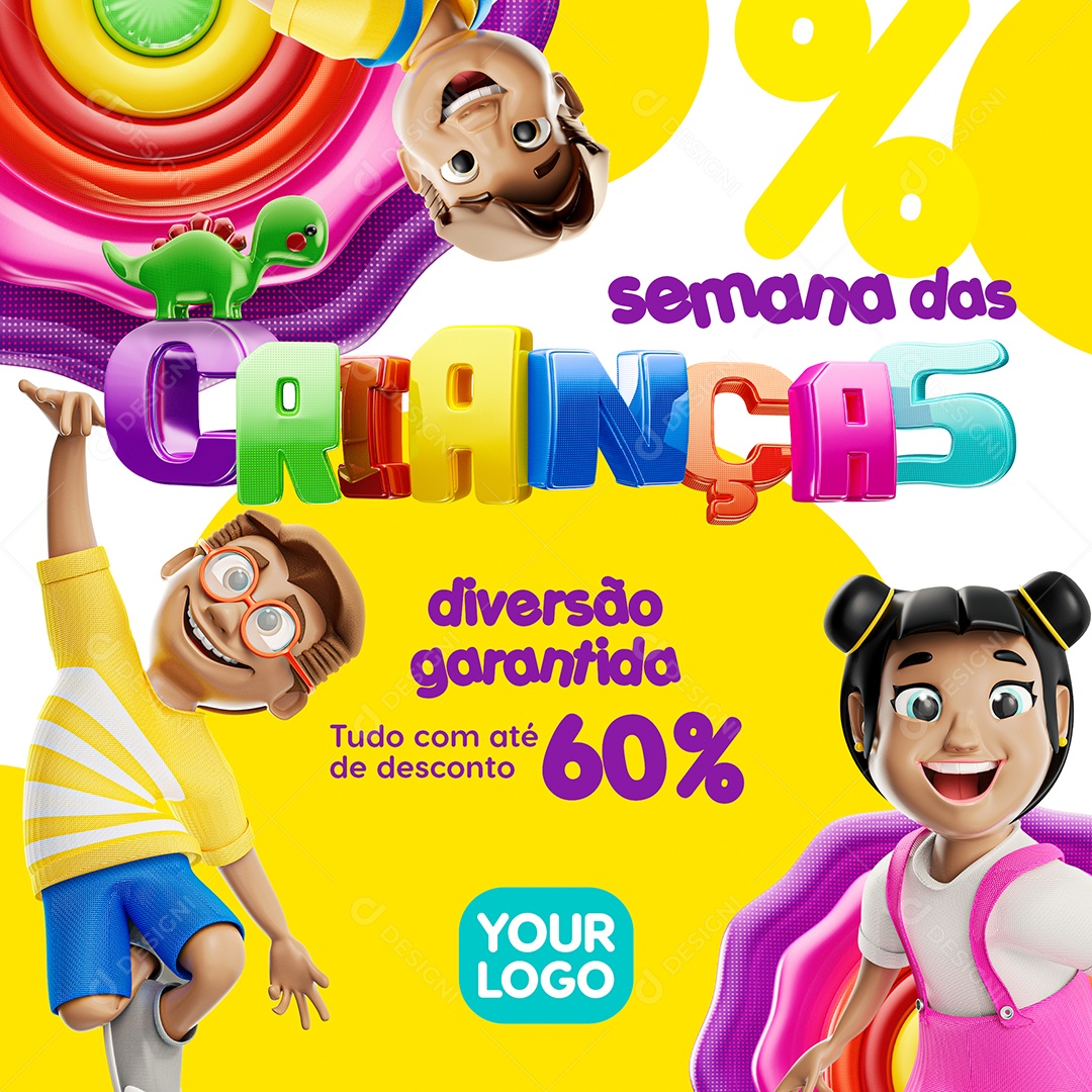 Semana das Crianças Diversão garantida tudo com até 60% de Desconto Lojas Social Media PSD Editável
