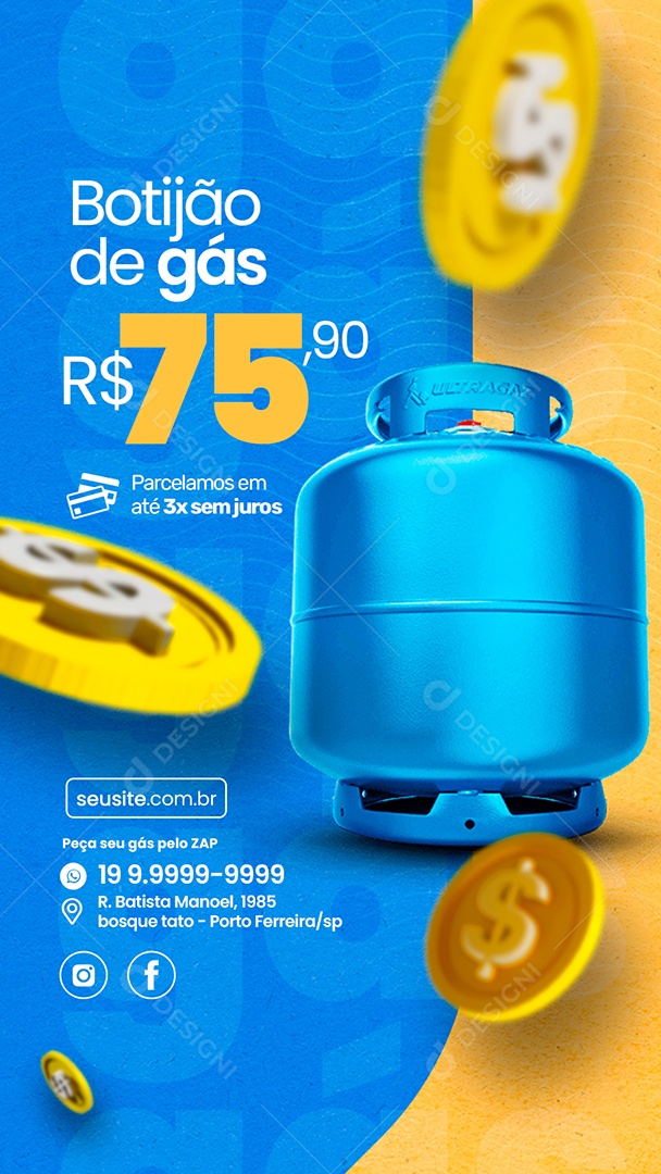 Botijão de Gás parcelamos em até 3x sem juros Social Media PSD Editável