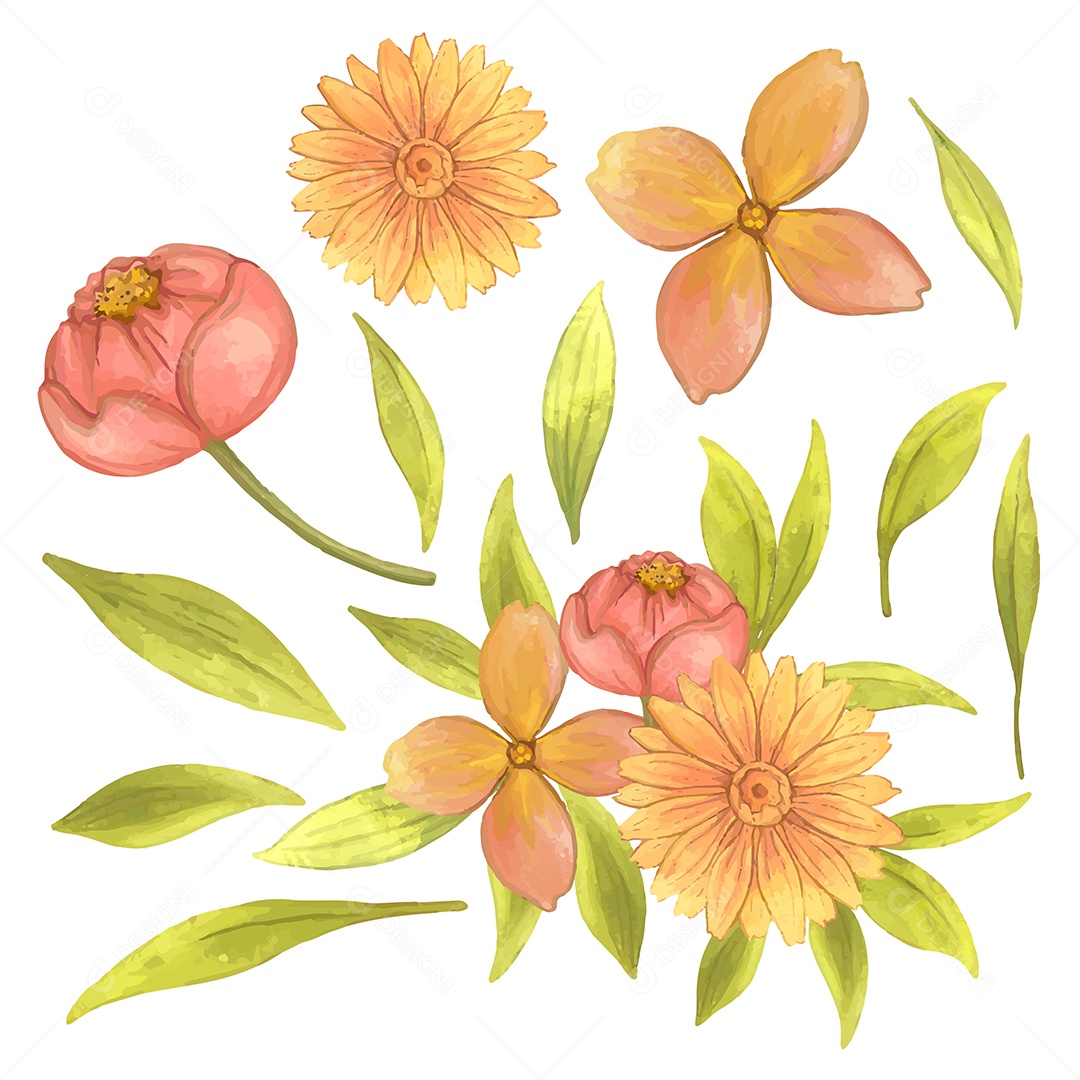 Grande conjunto botânico de flores silvestres. Conjunto de partes separadas e reunir um lindo buquê de flores em estilo de cores de água no fundo, ilustração