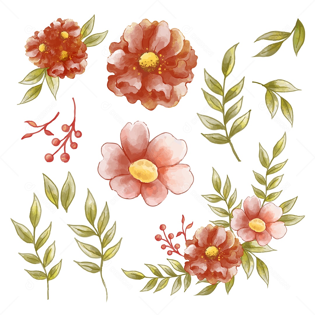 Grande conjunto botânico de flores silvestres. Conjunto de partes separadas e reunir um lindo buquê de flores em estilo de cores de água no fundo, ilustração