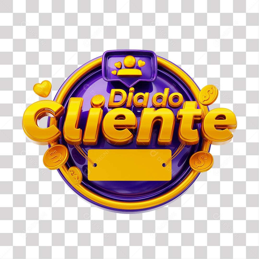 Dia Do Cliente Selo 3D Dourado e Roxo para Composição PNG Transparente
