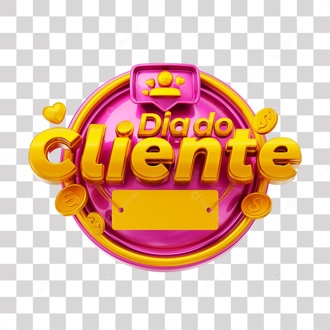 Dia Do Cliente Selo 3D Dourado e Rosa para Composição PNG Transparente
