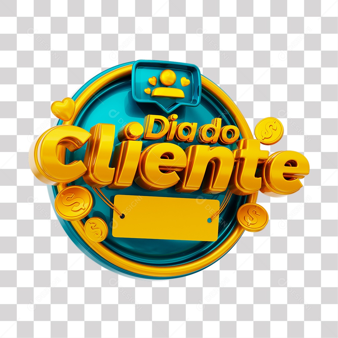 Dia Do Cliente Selo 3D Dourado e Azul para Composição PNG Transparente