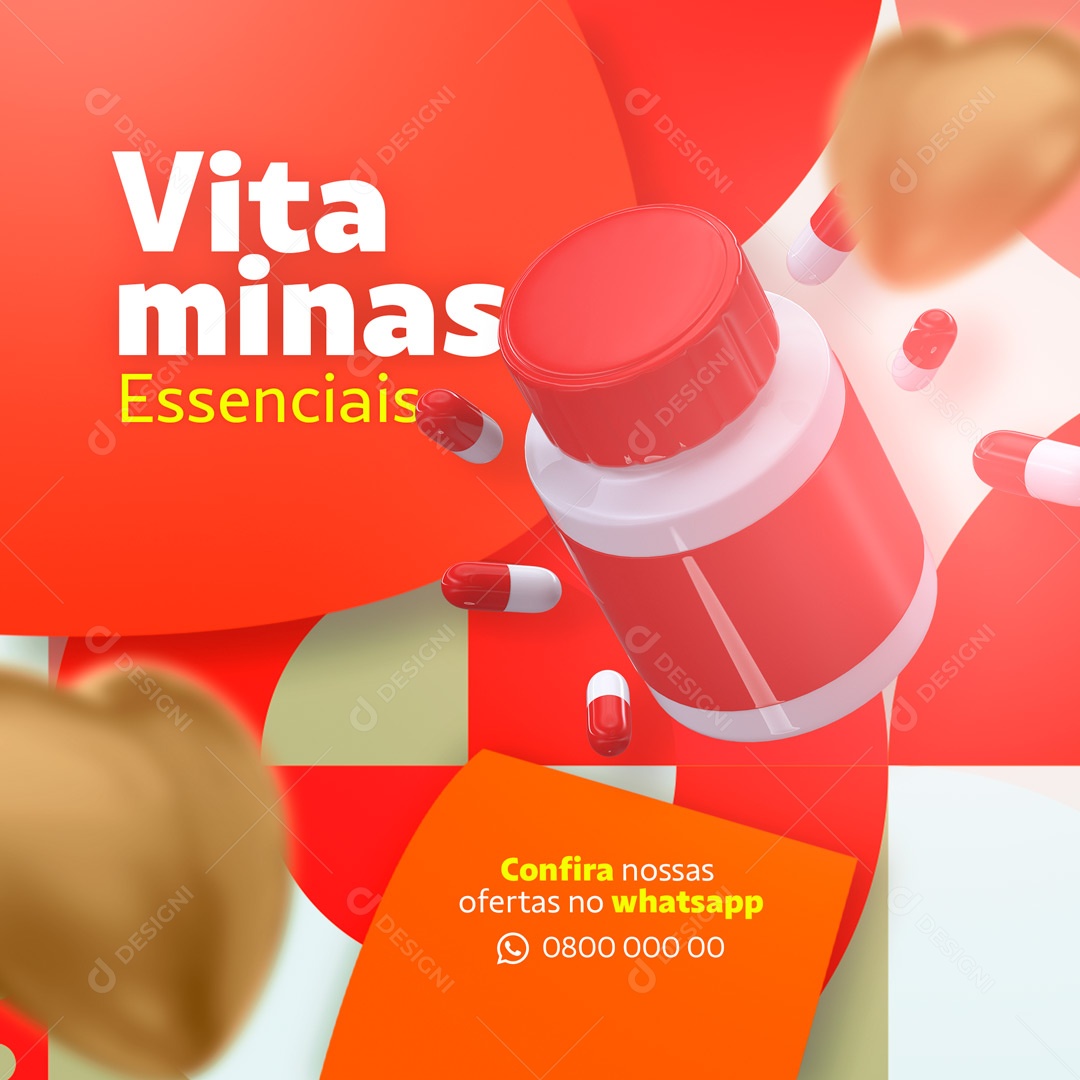 Post Farmácia Drogaria Vitaminas Essenciais Social Media PSD Editável