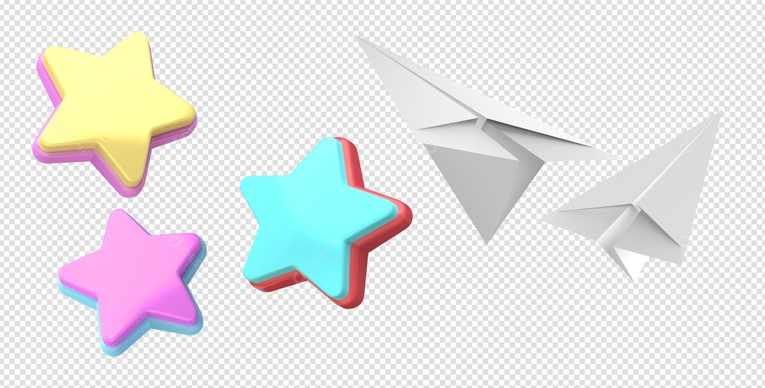Estrelas e Avião de Papel do Dia das Crianças Elementos 3D para Composição PSD