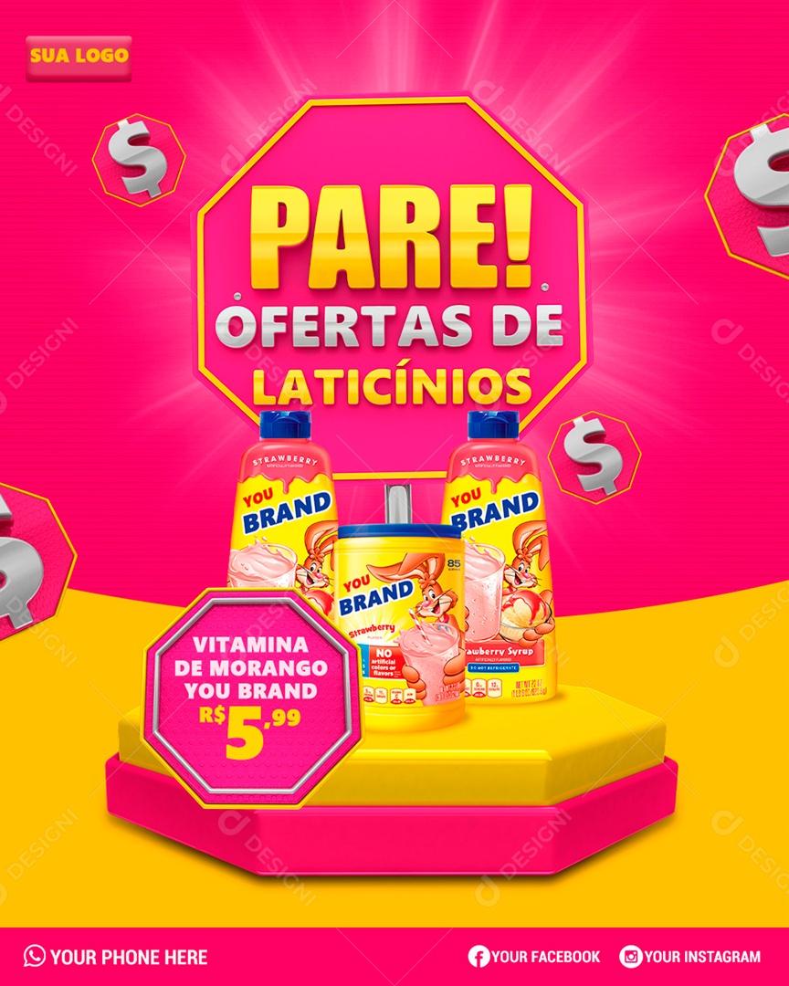 Social Media Supermercados Pare Ofertas de Laticínios PSD Editável