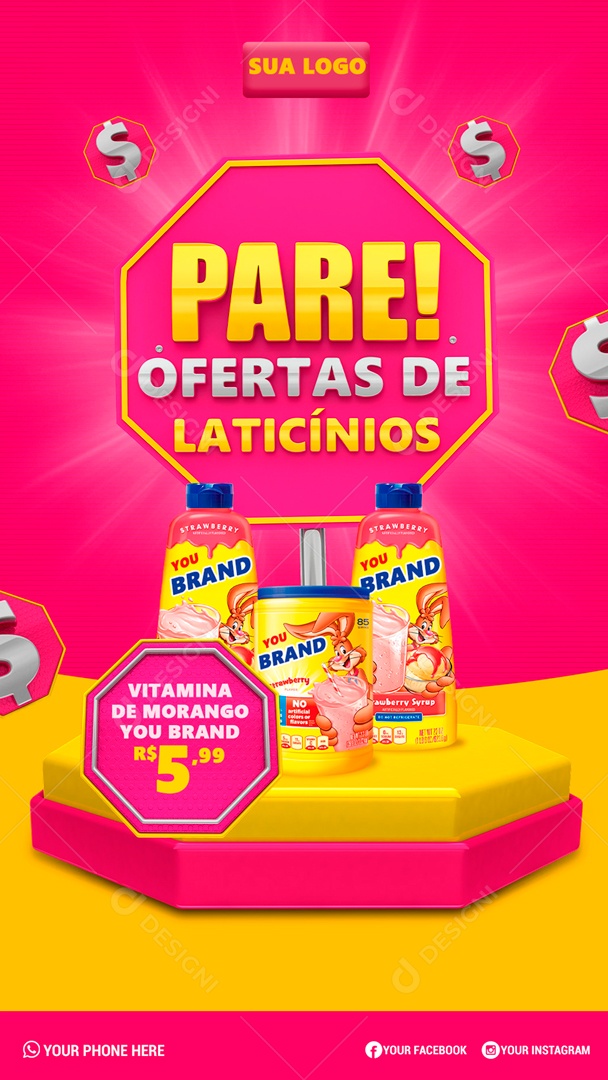 Social Media Supermercados Pare Ofertas de Laticínios PSD Editável